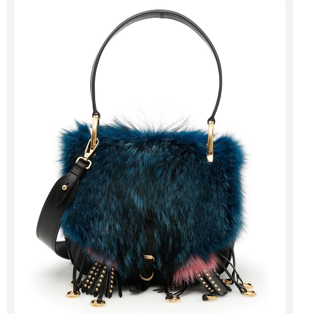 PRADA CORSAIRE FOX-FUR AND LEATHER SHOULDER BAG IN BLUE - Picture 4 of 13